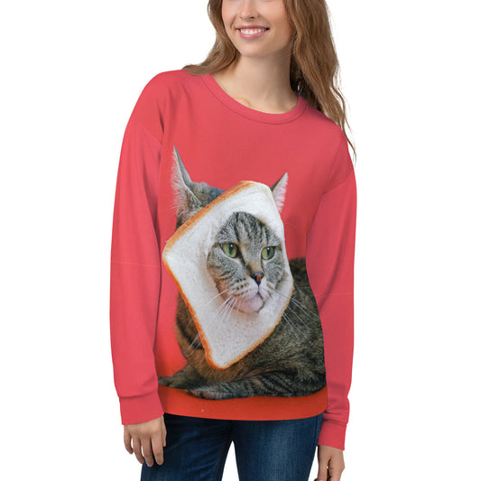 cat with bread on head printed on crewneck