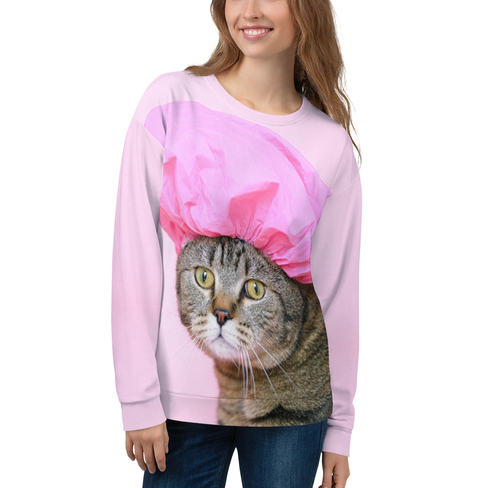 cat in a shower cap printed on pink crewneck