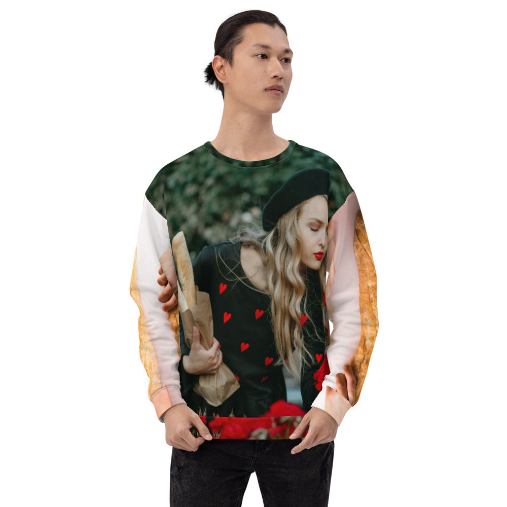 girl holding baguette all over printed crewneck