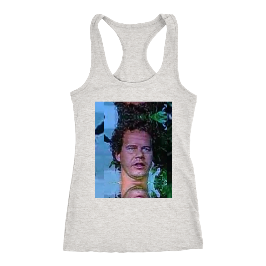 mans shocked face printed on tank top 