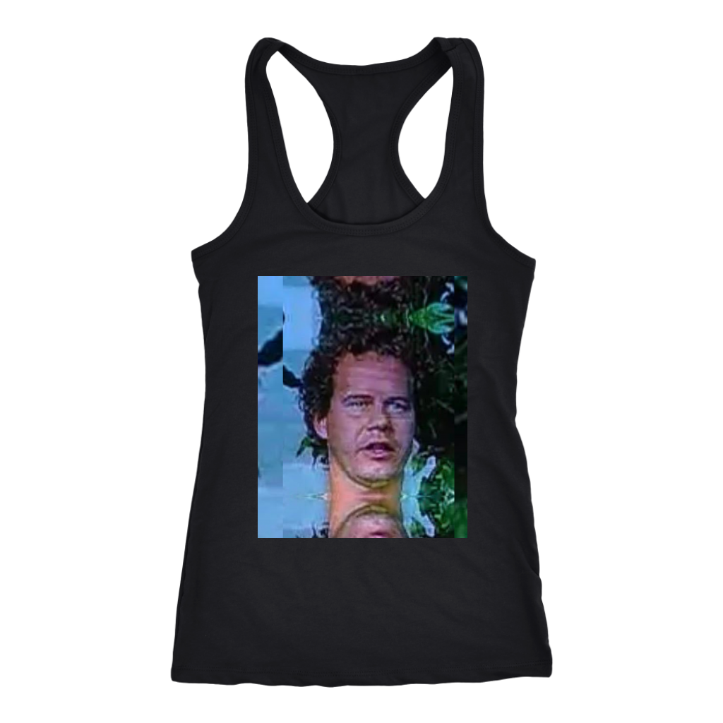 mans shocked face printed on tank top 