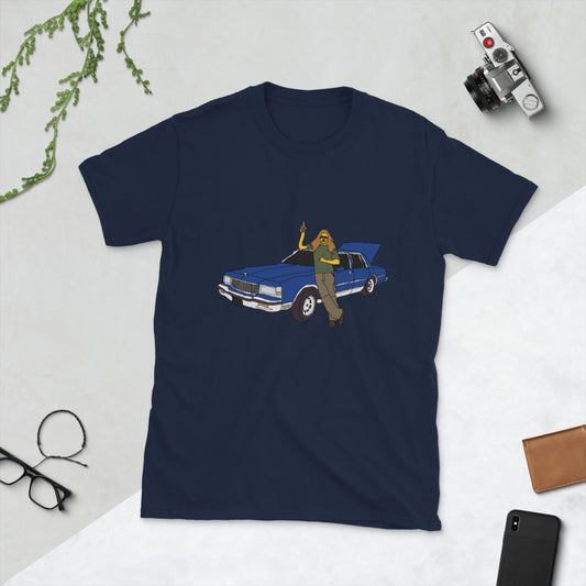 Man with blue caprice printed t-shirt