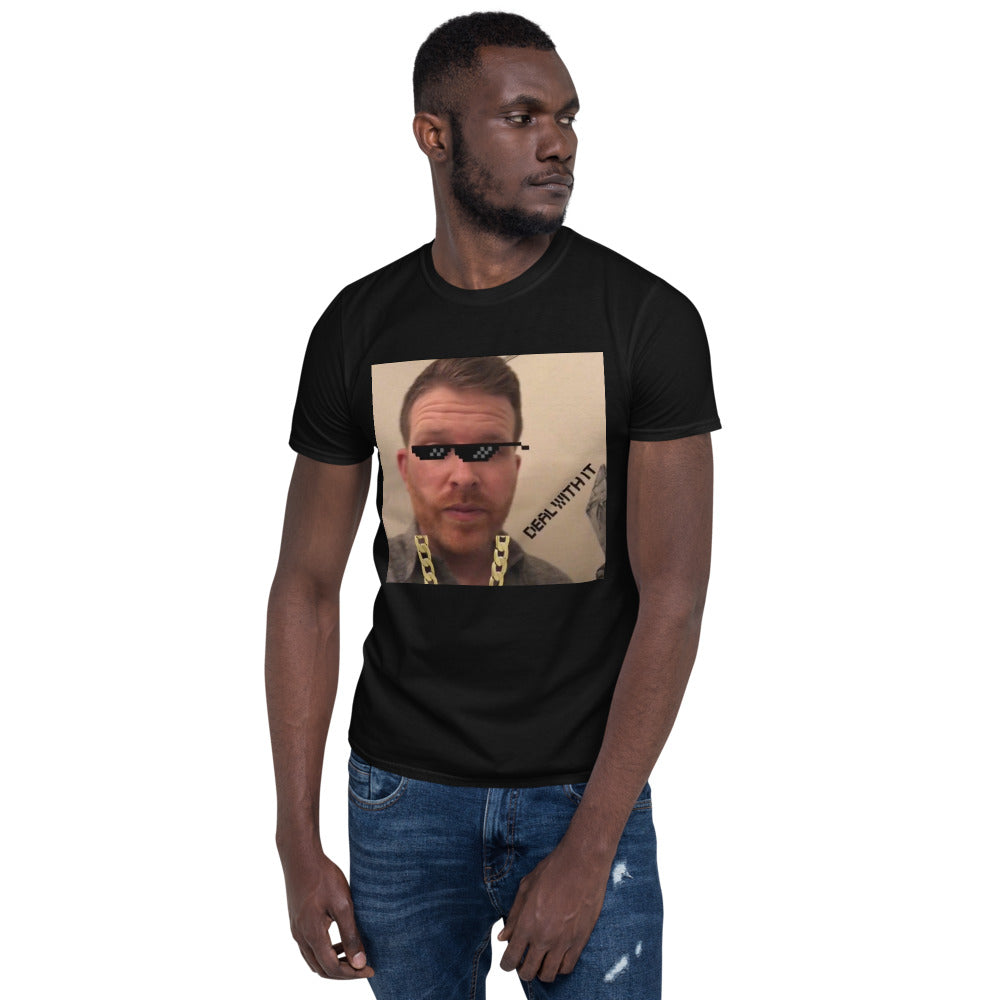 deal with it photo of a man with meme glasses printed on tshirt