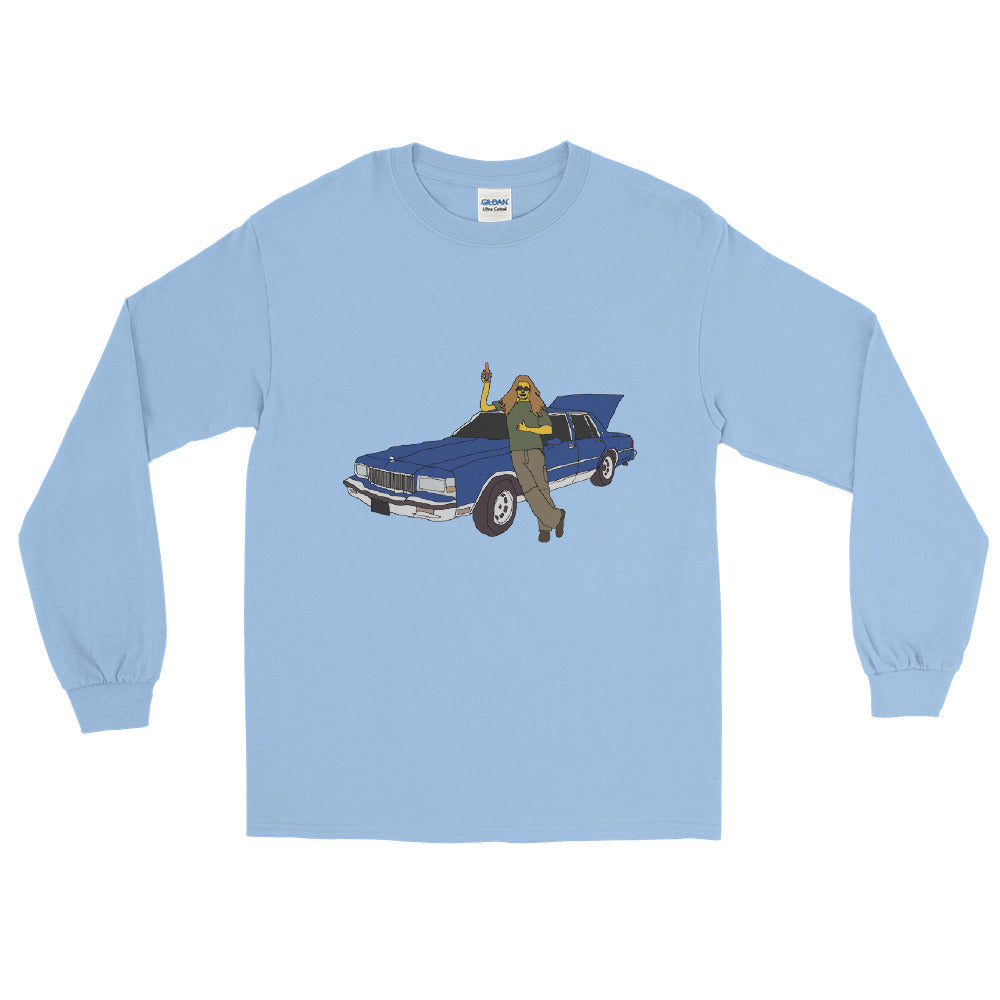 a man and a blue car printed long sleeve t-shirt