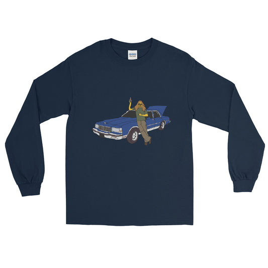 a man and a blue car printed long sleeve t-shirt