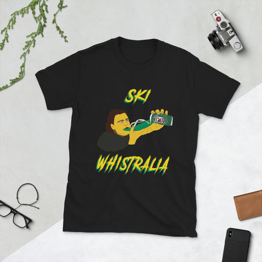 Ski Whistralia man drinking vb beer off a flip flop print t-shirt