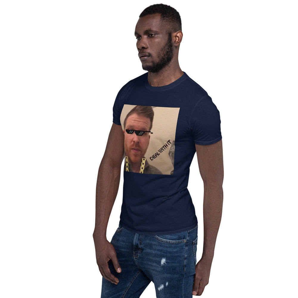 deal with it photo of a man with meme glasses printed on tshirt