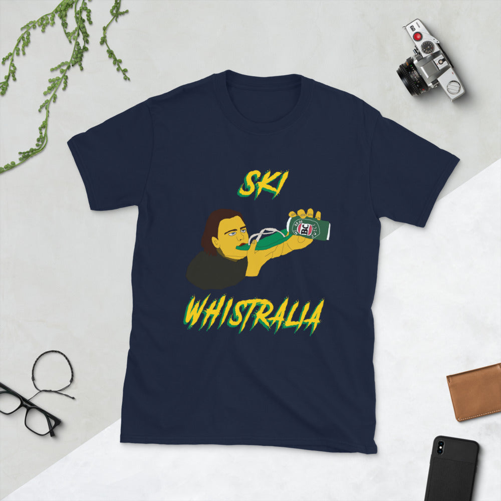 ski whistralia drinking beer off flip flop printed t-shirt