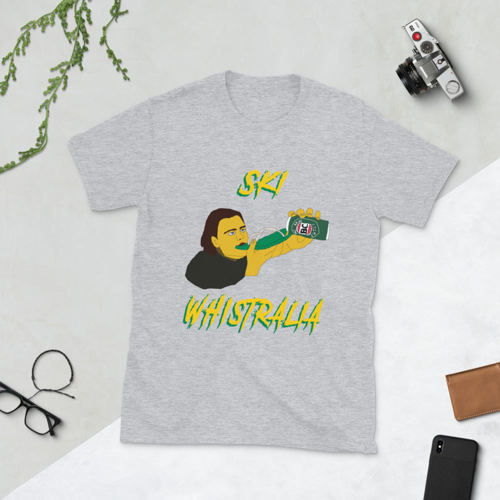 Ski Whistralia man drinking vb beer off a flip flop print t-shirt