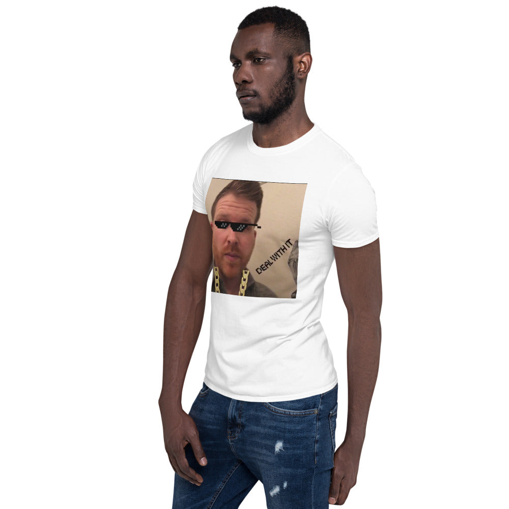 deal with it photo of a man with meme glasses printed on tshirt