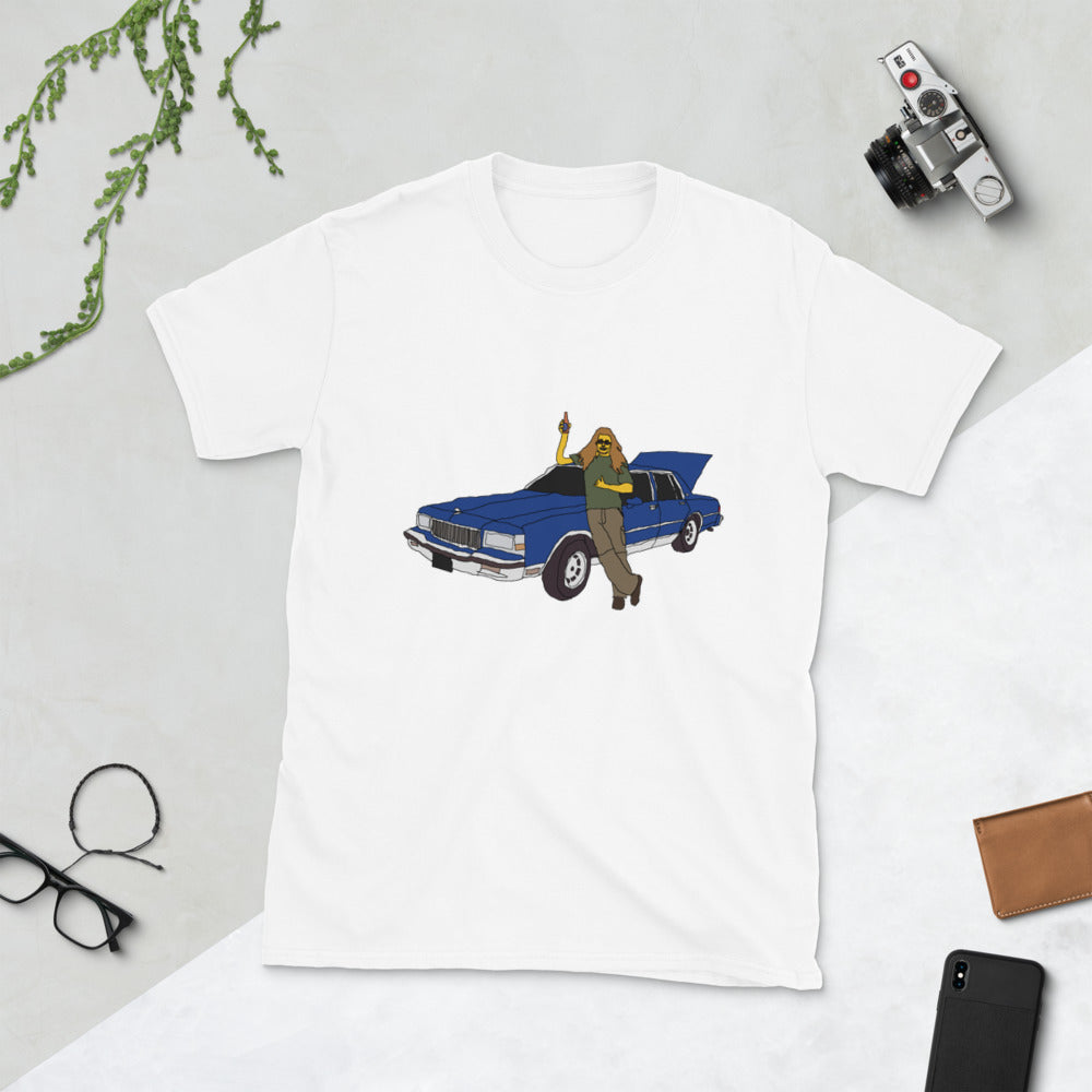 Man with blue caprice printed t-shirt