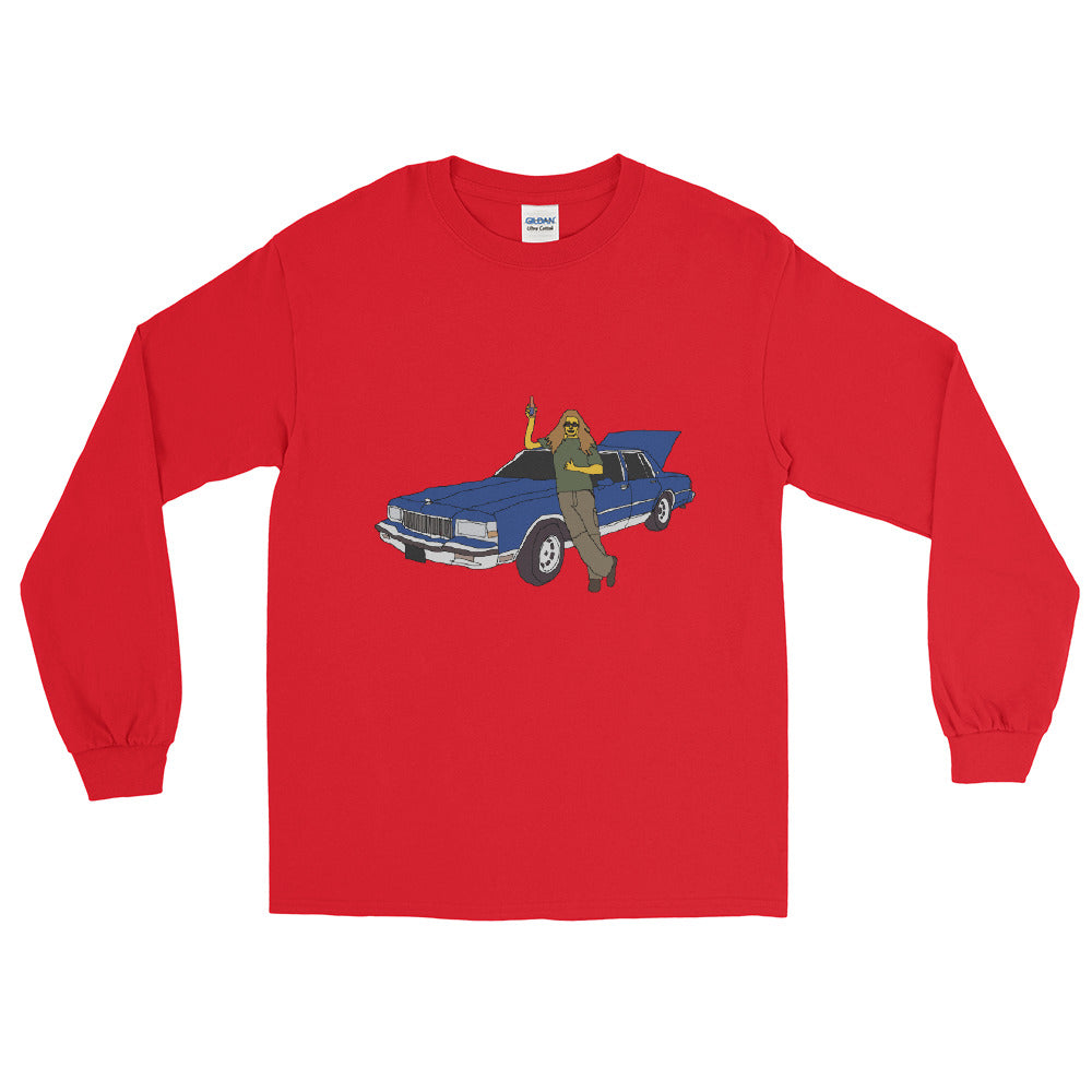 a man and a blue car printed long sleeve t-shirt