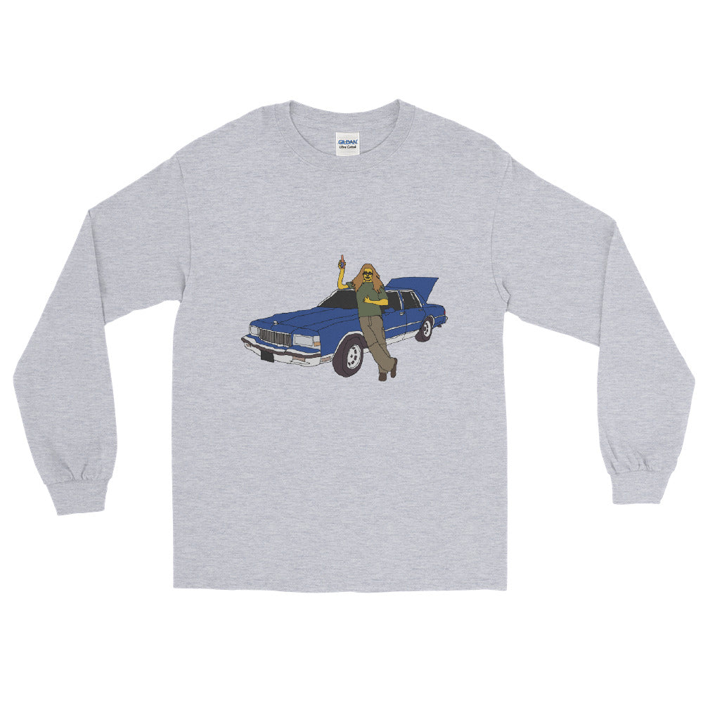 a man and a blue car printed long sleeve t-shirt