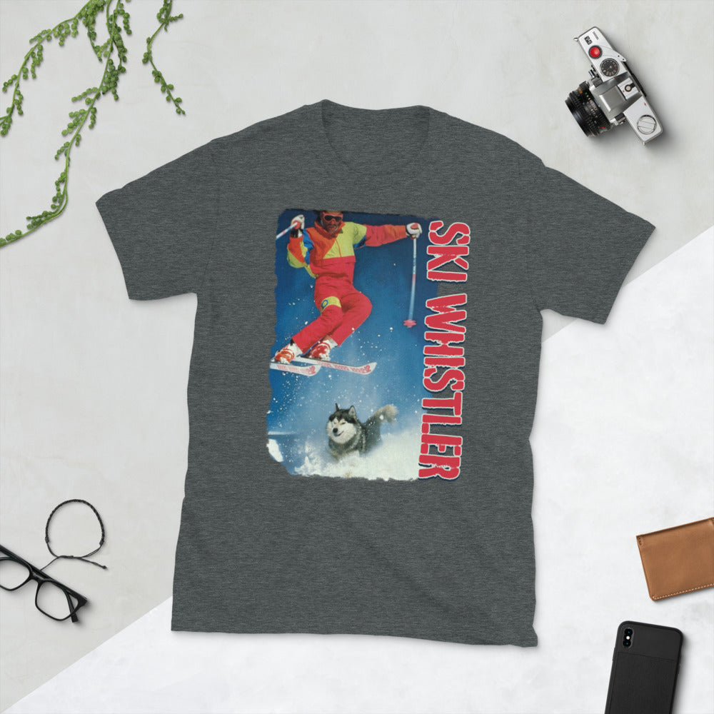ski whistler skier jumping over dog printed t-shirt
