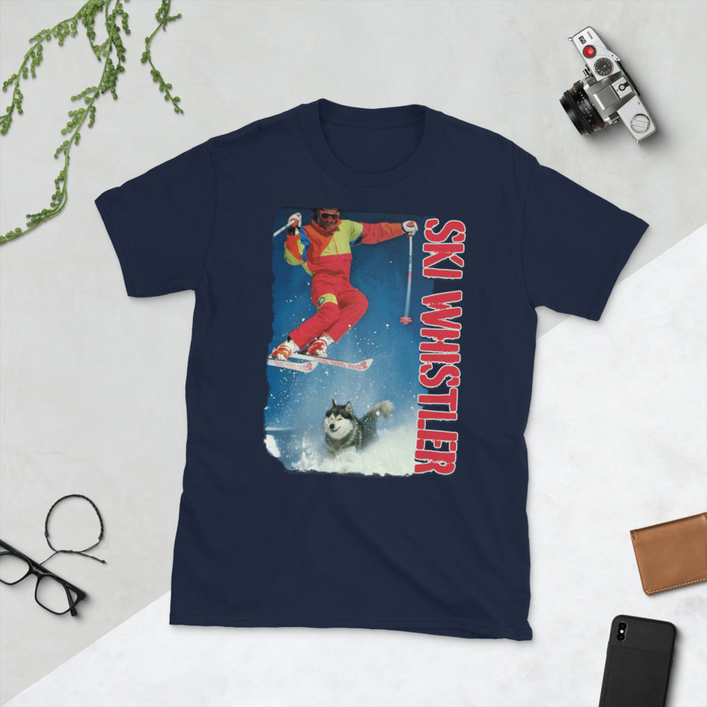 ski whistler skier jumping over dog printed t-shirt