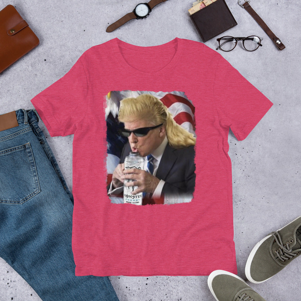 Trump mullet drinking monster energy printed t-shirt